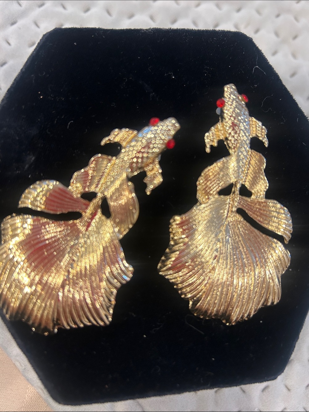 Gold Koi Fish Drop Earrings with Red Crystal Eyes-NWT